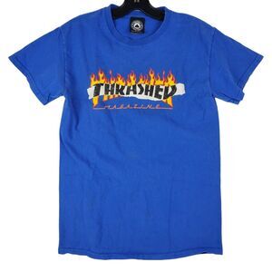 THRASHER Magazine Shirt Adult Small Blue FLAMES Skateboarding Streetwear X Games